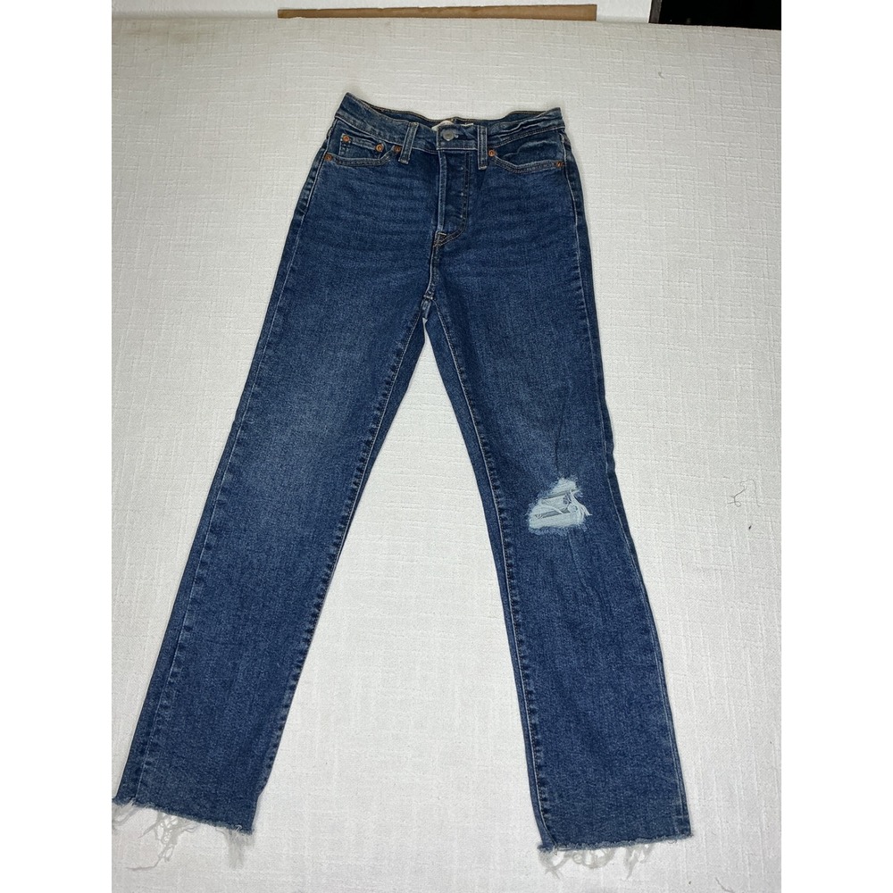 26 Levis Wedgie Straight Jeans Women Blue Cotton Denim Distressed Raw Hem Button